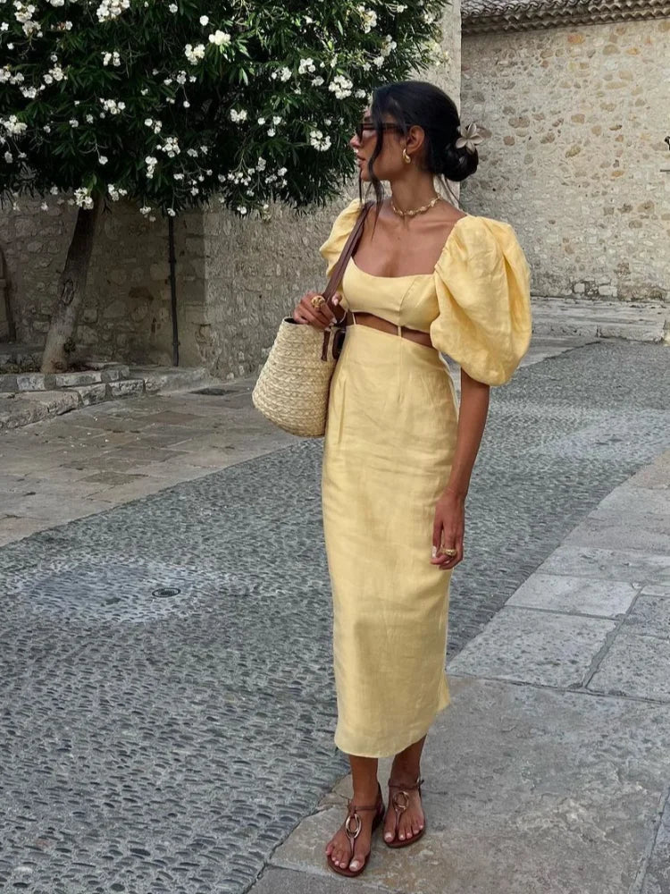 Hollow Square Neck Puff Sleeve Long Dresses Fashion Slim Fit Solid Color Women's Dress Lady Summer Casual Street Vestidos