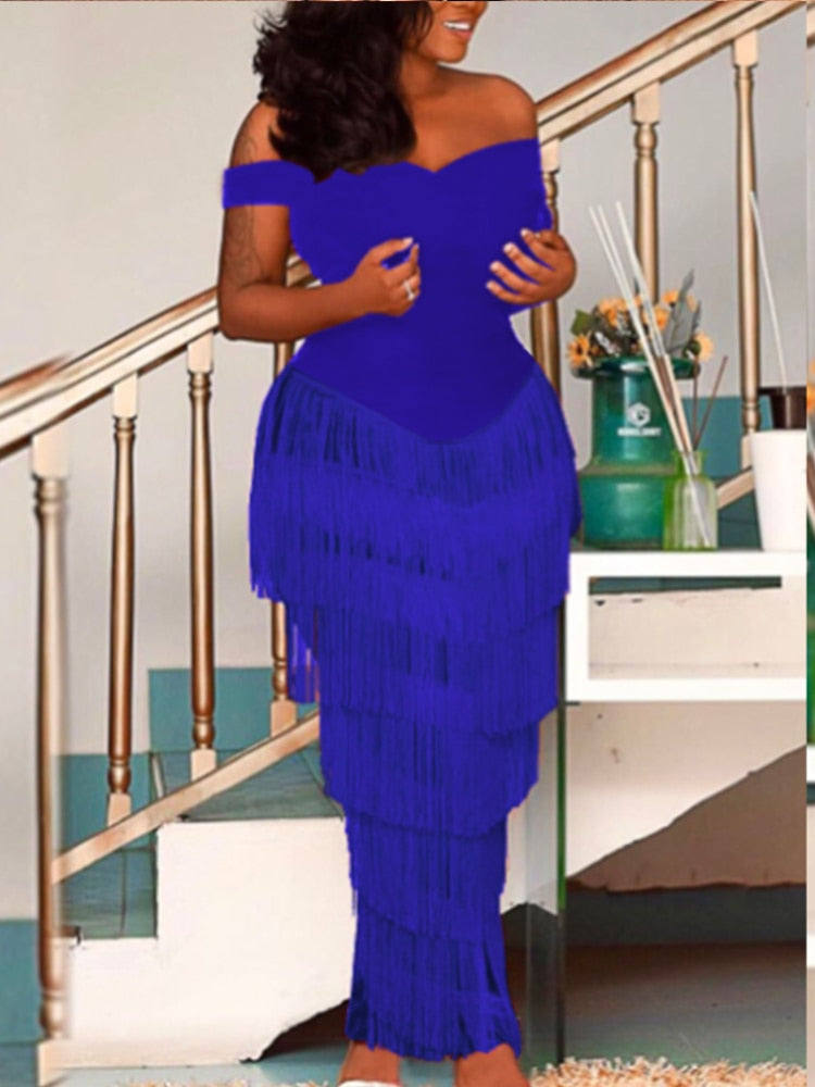 Femmes robes bleu glands frange Sexy fête épaule dénudée sans manches élégant moulante longue Cocktail tenues d'anniversaire célébrer nouveau