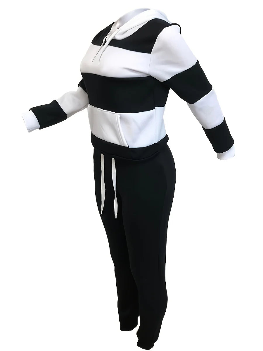 LW Plus Size Sporty Hooded Collar Striped Tracksuit Set Black White Patchwork Kangaroo Pocket Design Tracksuit Sportswear Set