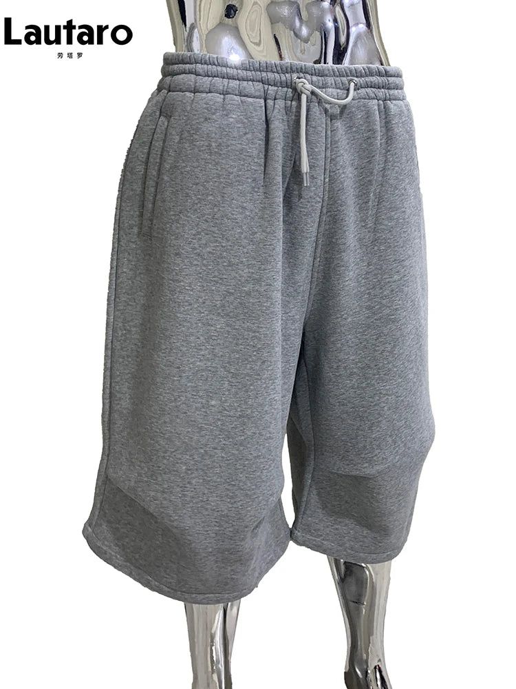 Lautaro Summer Autumn Loose Casual Soft Grey Wide Leg Shorts for Men Drawstring Elastic Waist Knee Length Sweatpants Pants 2025 Light gray