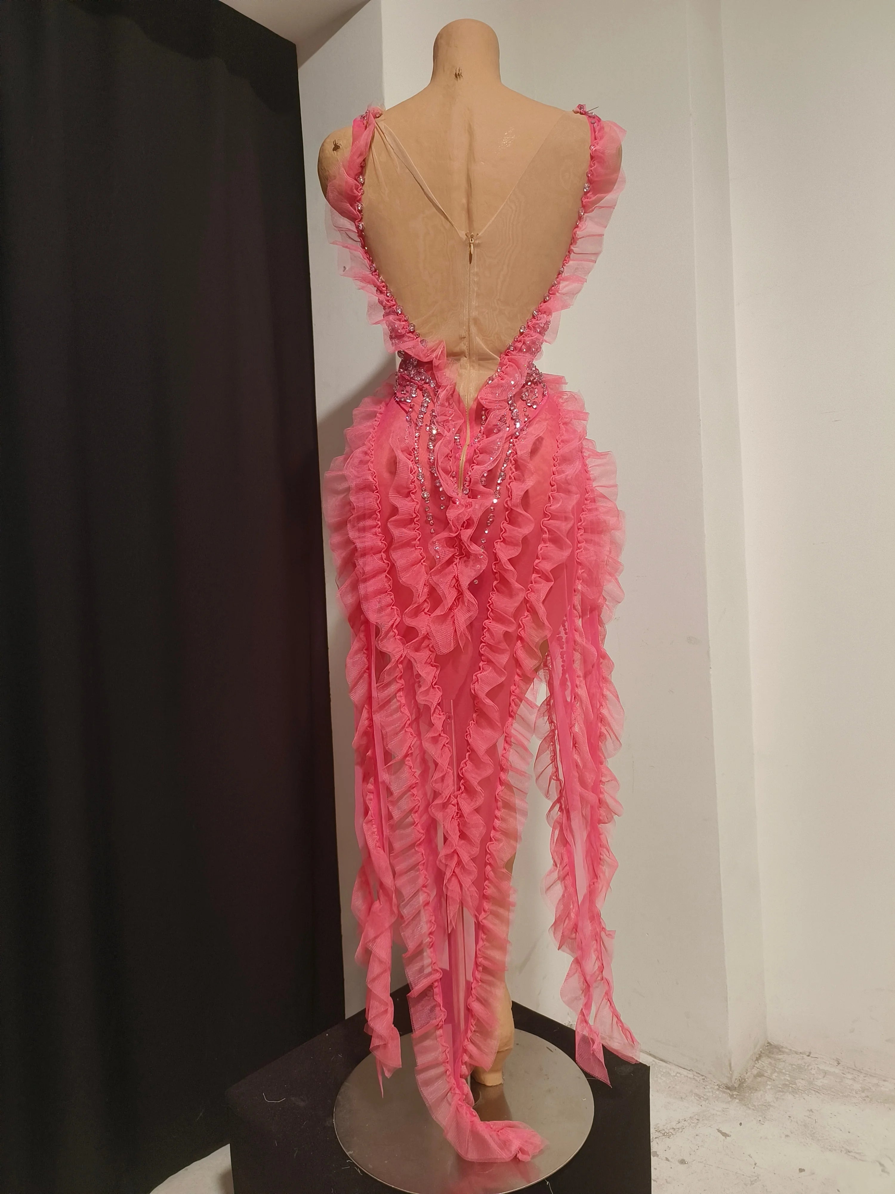 Women Sheer Mesh Rhinestone Ruffle Embellished Latin Dance Performance Costume Elegant Pink Spaghetti Strap Mini Dress