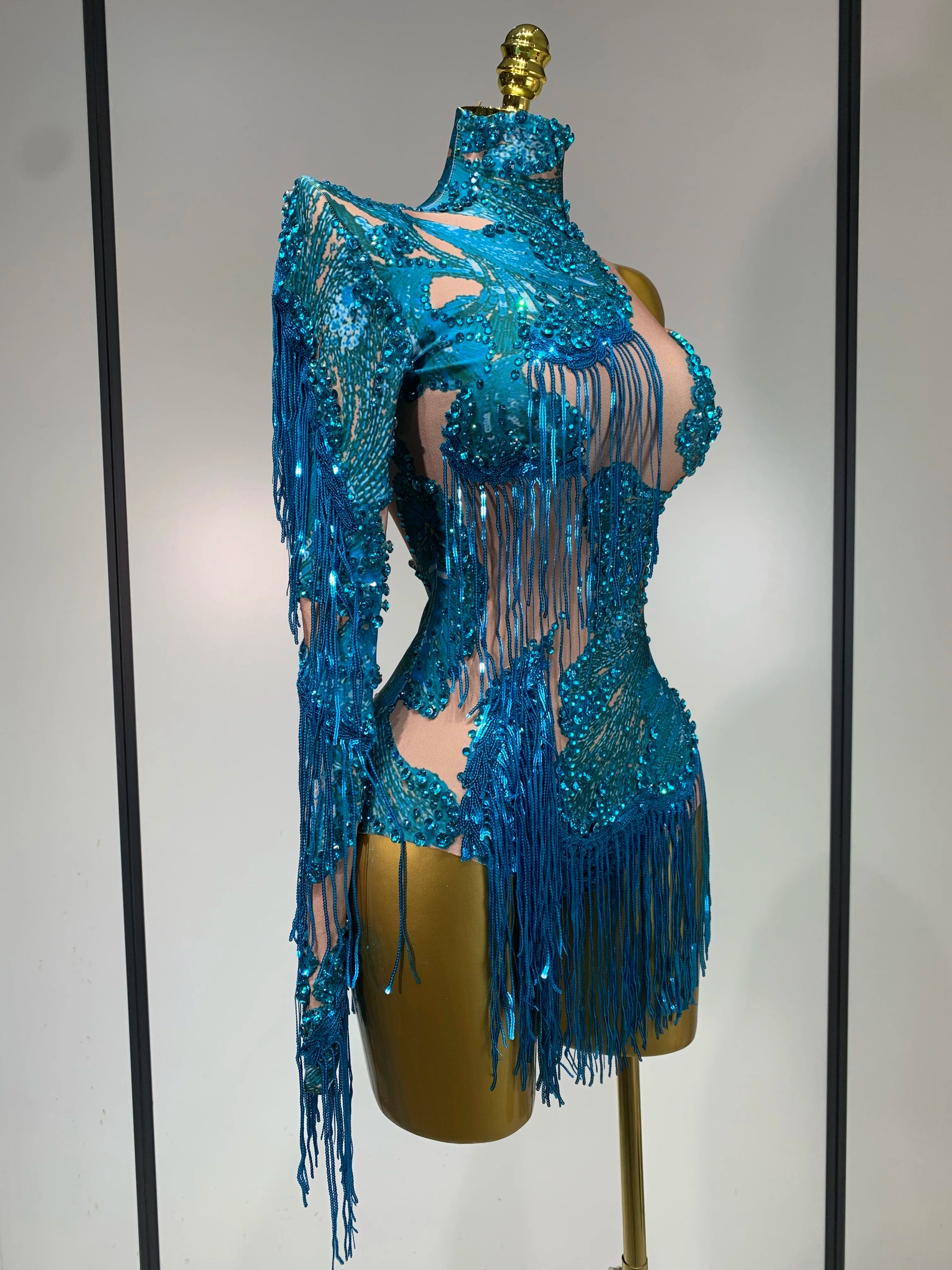 Sexy Sparkly Purple Rhinestones Tassel One Shoulder Sleeve Mini Dress Evening Party Birthday Nightclub Stage Performance Outfit