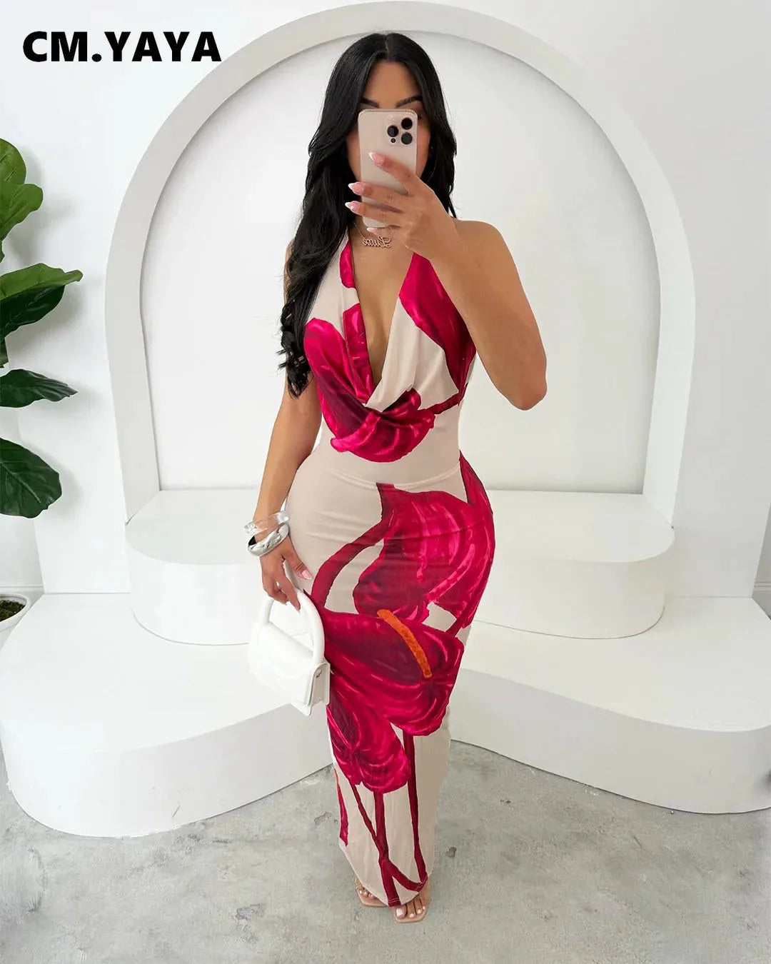 CM.YAYA Women Sleeveless floral Print pile neck backless bodycon midi maxi Dress Summer Evening Sexy Party long Dresses Vestidos