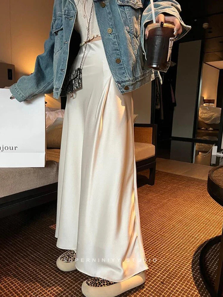 HOUZHOU Elegant Satin Skirt Summer Women Korean Fashion Solid High Waist Casual Long Skirts White Streetwear Office Lady