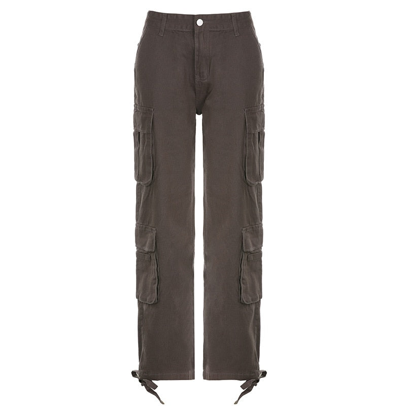 PASSIONNÉ Trousers for Women High Waist Pockets Lace-up Wide Leg Pants Female Vintage Streetwear Style 2024 Fashion New Grey