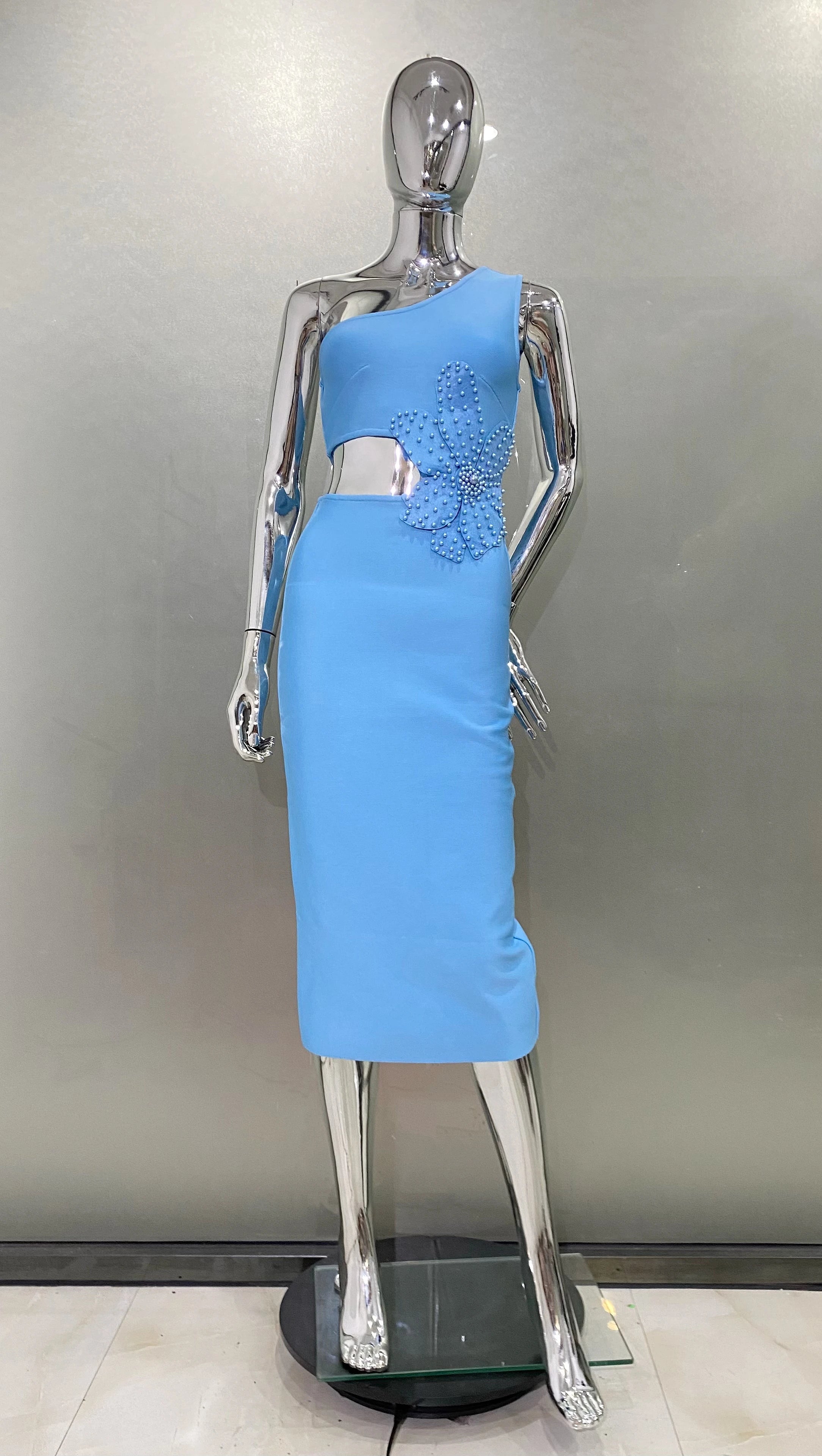 Blue Color Beading Flower Sexy One Shoulder Expose waist Mid Calf Bandage Dress Elegant Woman Evening Dress Cocktai Party Outfit Blue