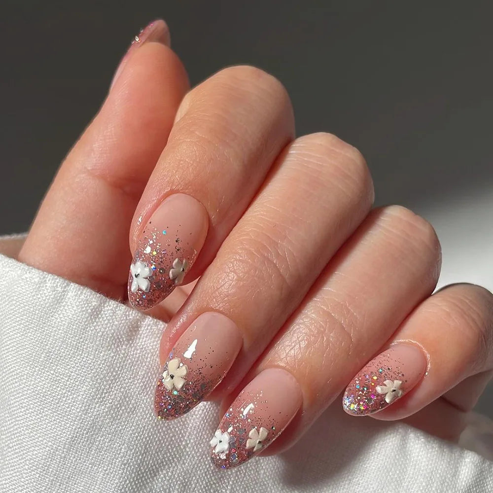 24Pcs Almond Green Press on Fake Nails with Glue Simple Oval Manicure Set Short Flowers Design False Nails Full Cover Nail Tips 3384