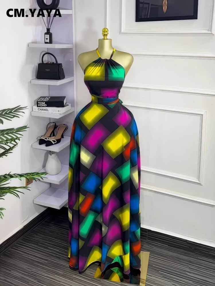 CM.YAYA Women Printed Halter Sleeveless Tank Maxi Long Dress 2025 Summer Beach Birthday Sexy Vacation Party Evening Dresses