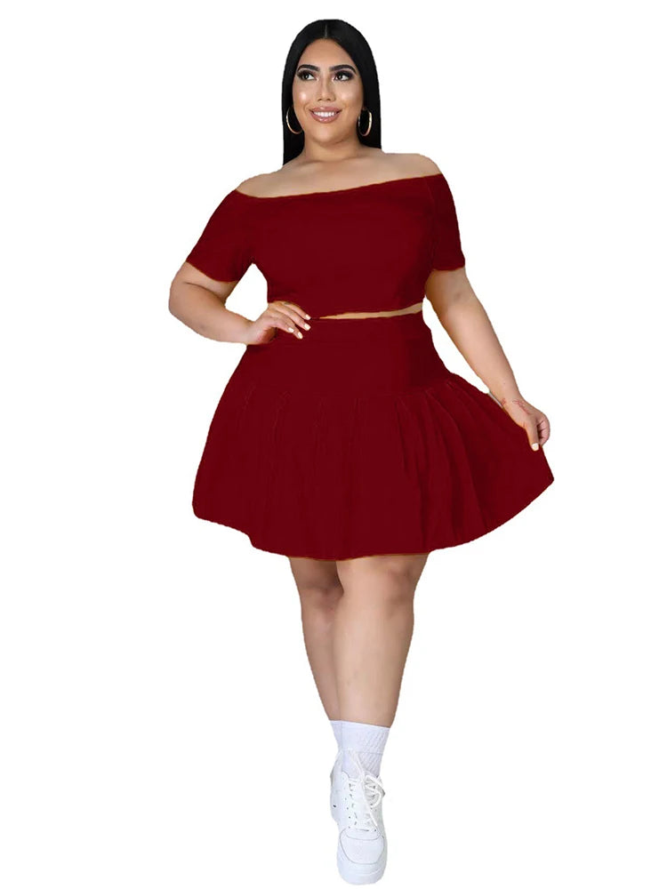 5xl Plus Size Women Clothing Wholesale Summer Outfits Crop Tops and Pleated Skirt Tracksuit Sweet Dress Suits Dropshipping Burgundy