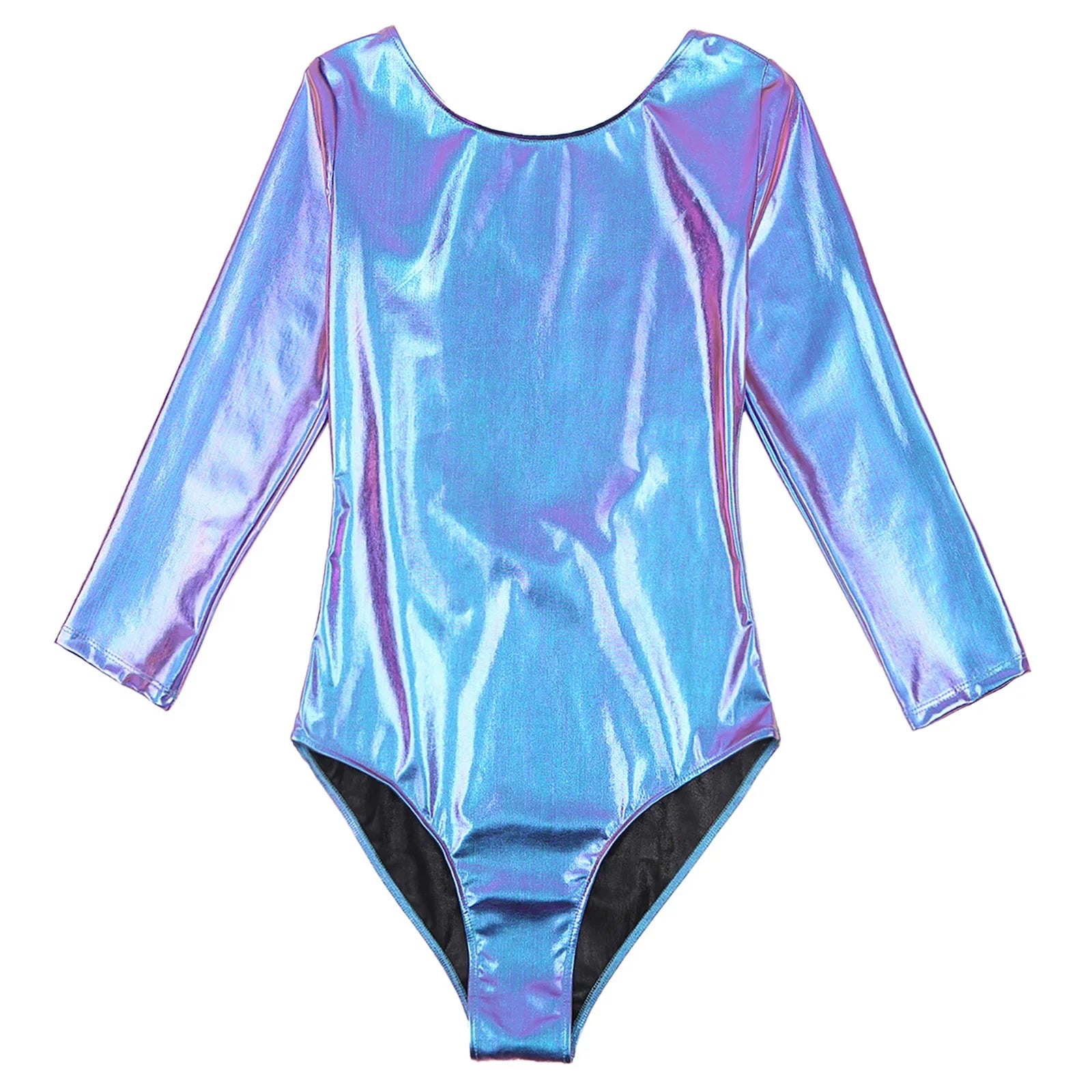 Swimwear for Women Shiny Metallic High Cut Bodysuit 3/4 Sleeve Open Back Skinny Leotard Swimsuit Gym Bodysuit for Pole Dance