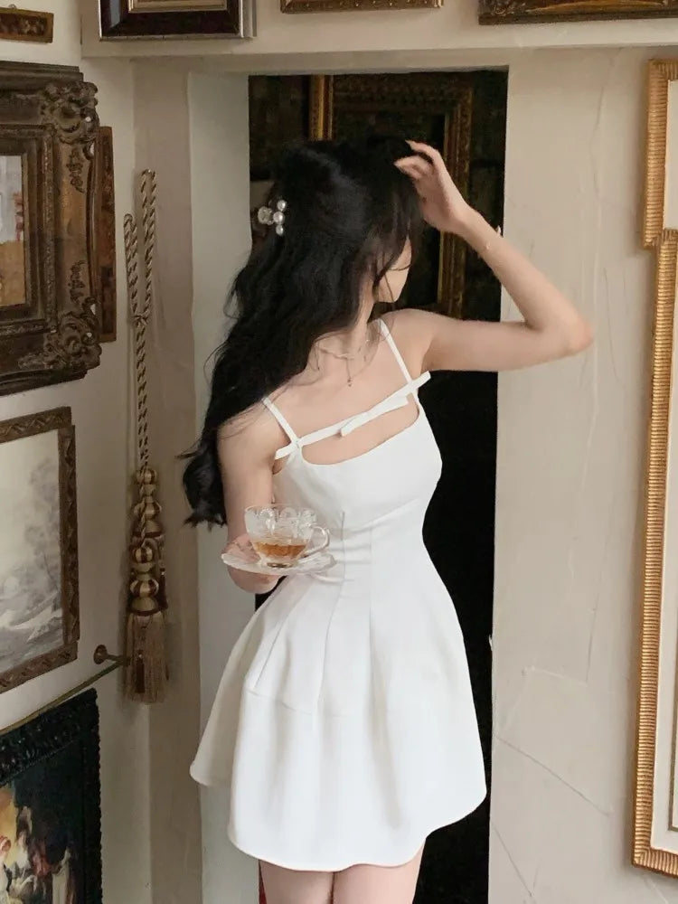 Y2K Summer Short Dress Women Solid Spaghetti Strap Evening Party Dresses Elegant Sleeveless Sexy A-line One Piece Vestido Mujer White(Short)