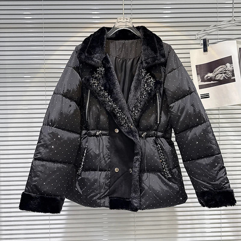 Winter New Fashion Elegant Rhinestone Fleece Drawstring Waist Warm Coat For Women Cotton-padded Jacket Female 11A07514 Black One Size