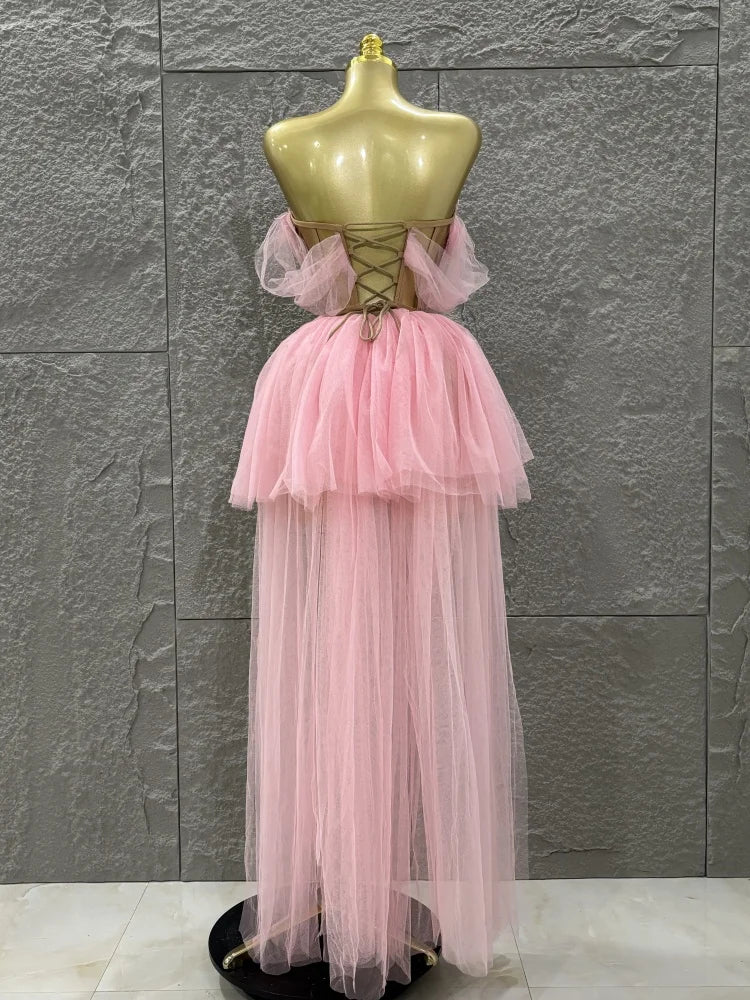 STOCK Women Sexy Strapless Laced-up Mesh 2 Pieces Long Maxi Dress Celebrate Evening Party Birthday Prom Outfit