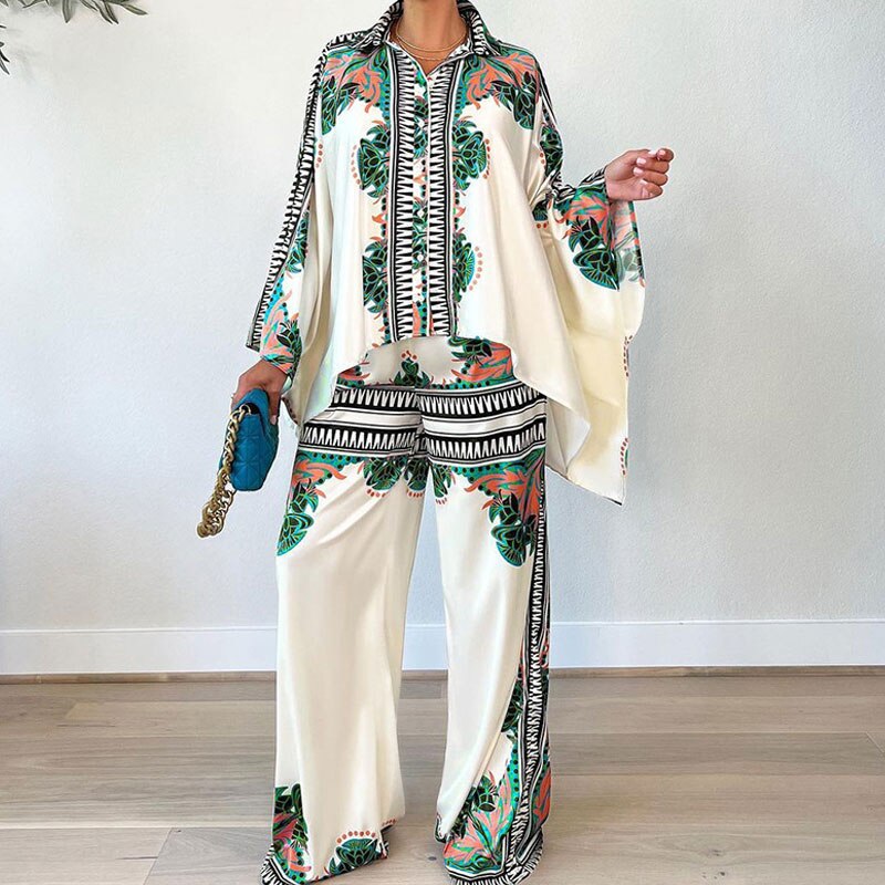 Printed Lapel Blouse Pants Sets Women 2024 Autumn Long Bat Sleeve Shirt Tops Loose Wide Leg Pant 2 Piece Set Female Casual Suit green
