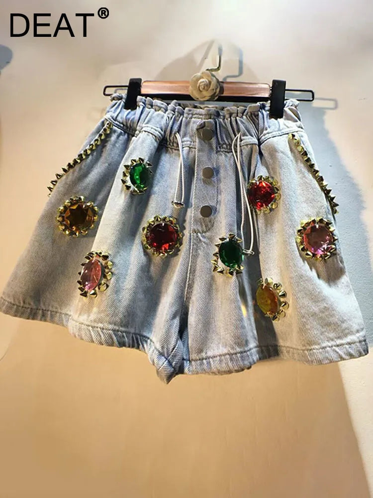 DEAT Women's Denim Shorts Rivet Big Diamonds Drawstring Elastic Waist Loose Wide Leg Short Jeans Summer New Fashion 29L1056