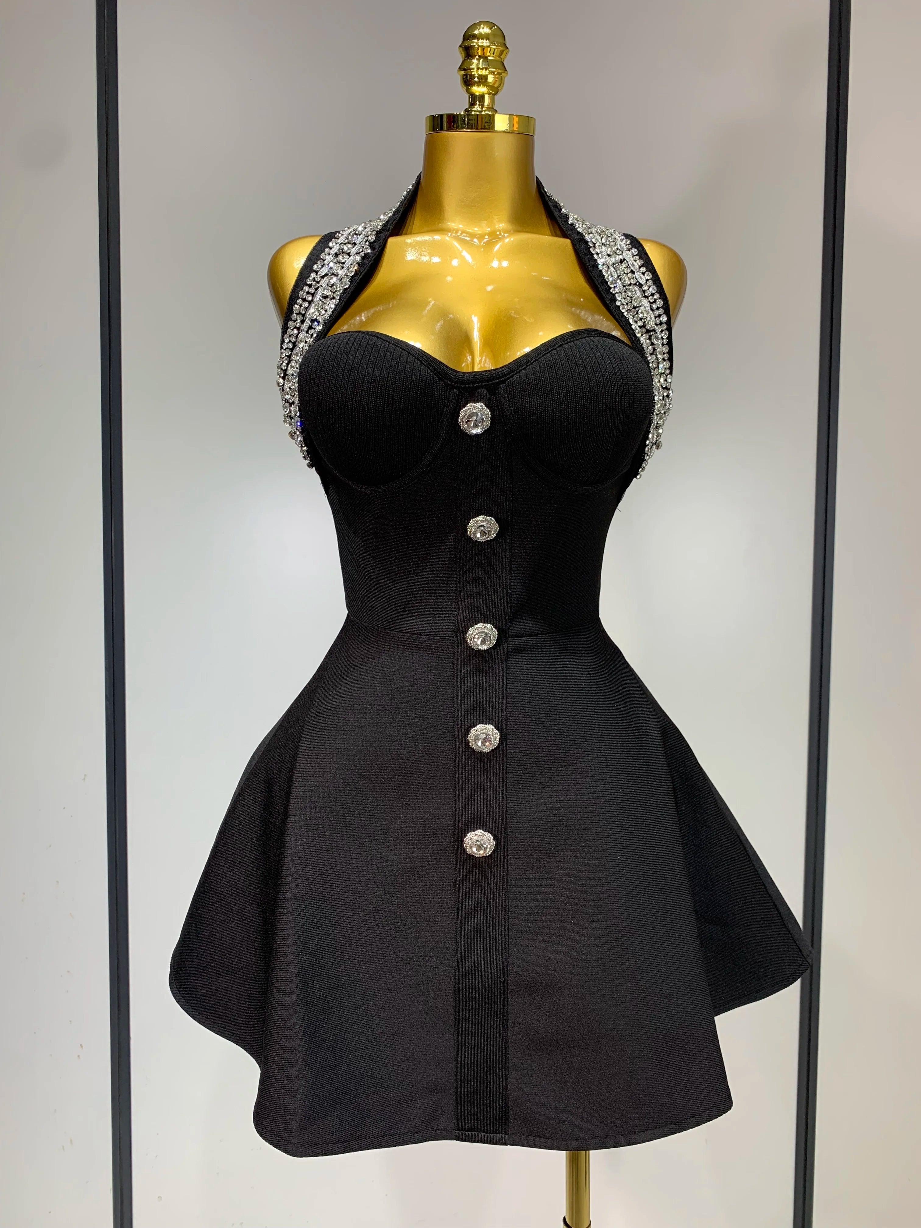 Fashion Women Luxury Party Dress Halter Sleeveless Backless Sparkly Rhinestone Bandage Dresses 2025 Elegant Evening Club Wear black