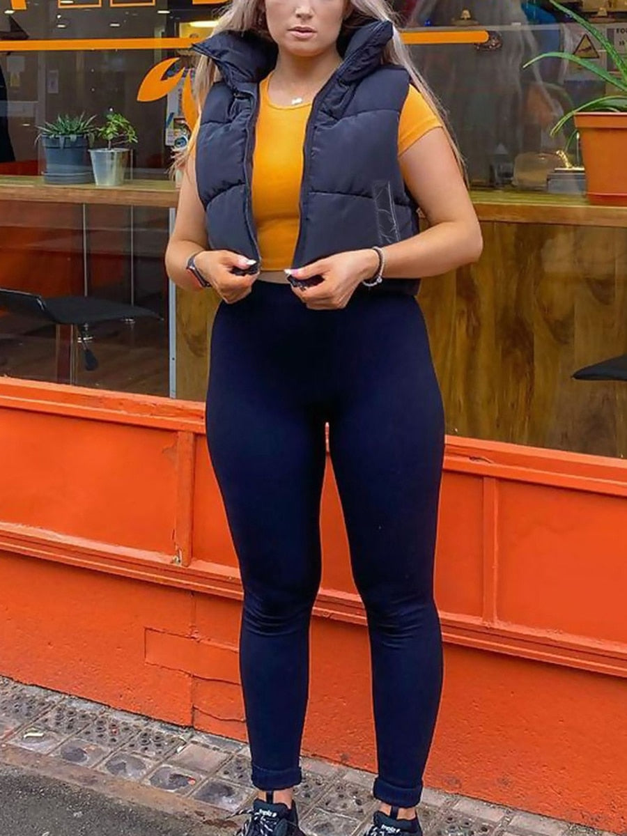 Gilet court chaud d'hiver pour femmes, gilet bouffant léger sans manches à col montant Double face