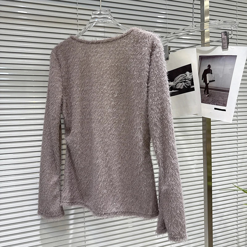 Winter New Fashion V-neck Beaded Tassel Chain Design Fluffy T-shirt For Women Loose Versatile Pullover Female 11A07943