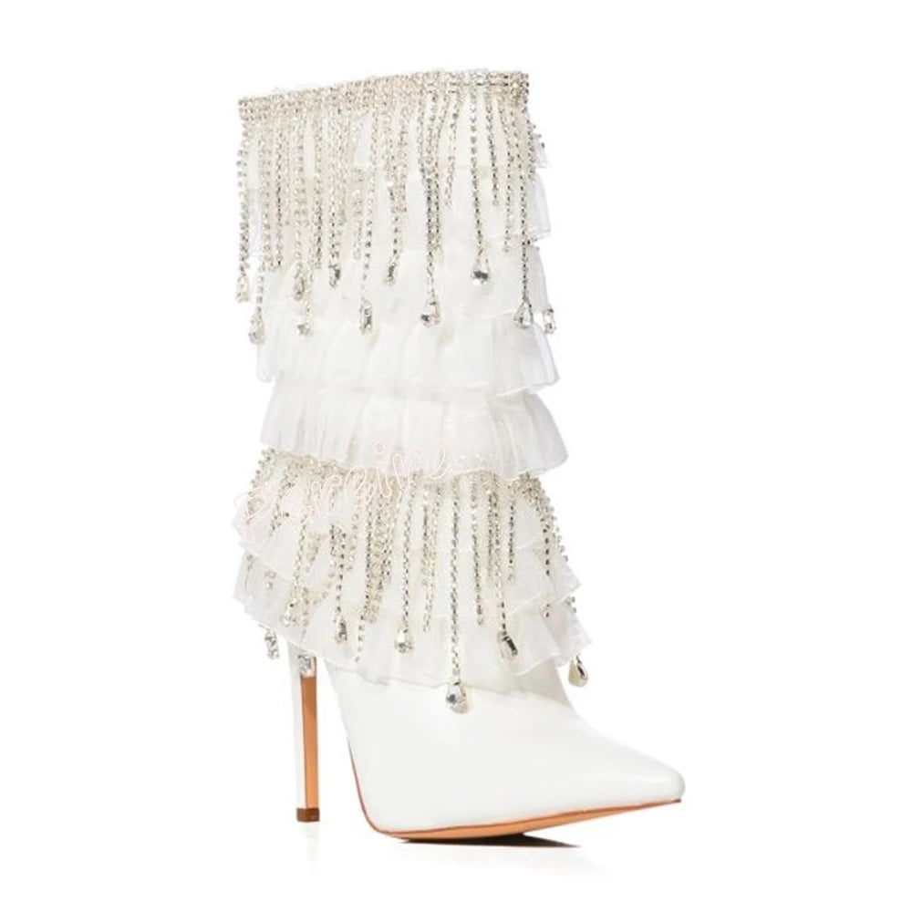 White Diamond Mid-calf Boots Stiletto Women's Autumn Vintage Leather Sexy Fashion Elegant Party Lady Shoes Weeding New Arrivals