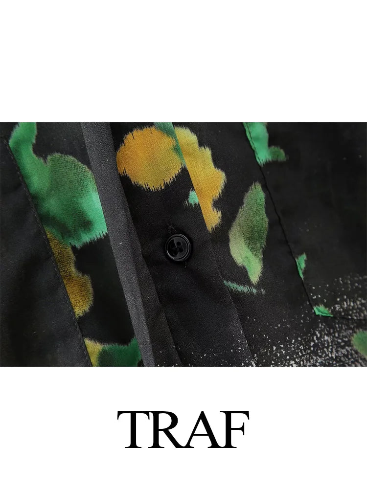 TRAF Summer Vintage Y2K Short Sleeve Green Floral Print Woman Zipper Shirt Set High Waisted A Line Pleated Skirt Suits