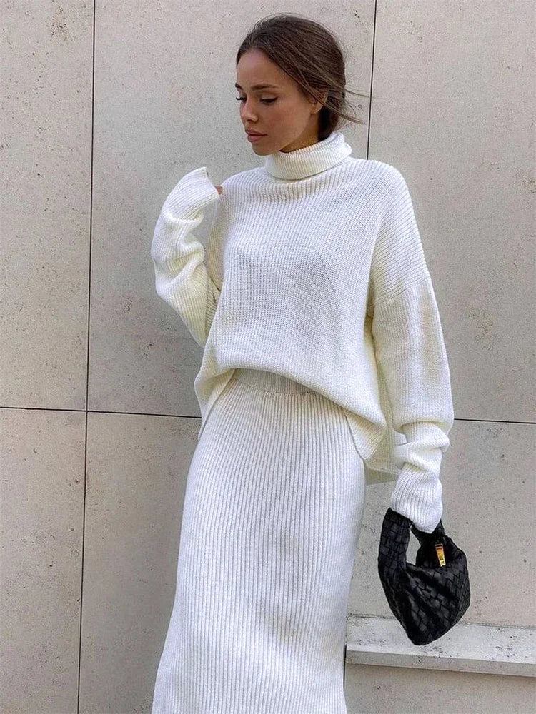 new Ribbed Knit 2 Piece Dress Set Outfits Ladies Knitwear Top And Midi Skirt Sets For Women Casual Winter Sweater Sets WHITE