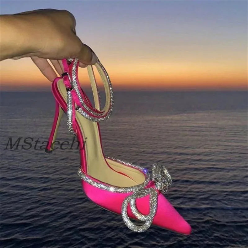 Glitter Rhinestones Women Pumps Crystal Bowknot Satin Sandals 2025 Summer Transparent Shoes High Heels Party Prom Designer Shoes Rose