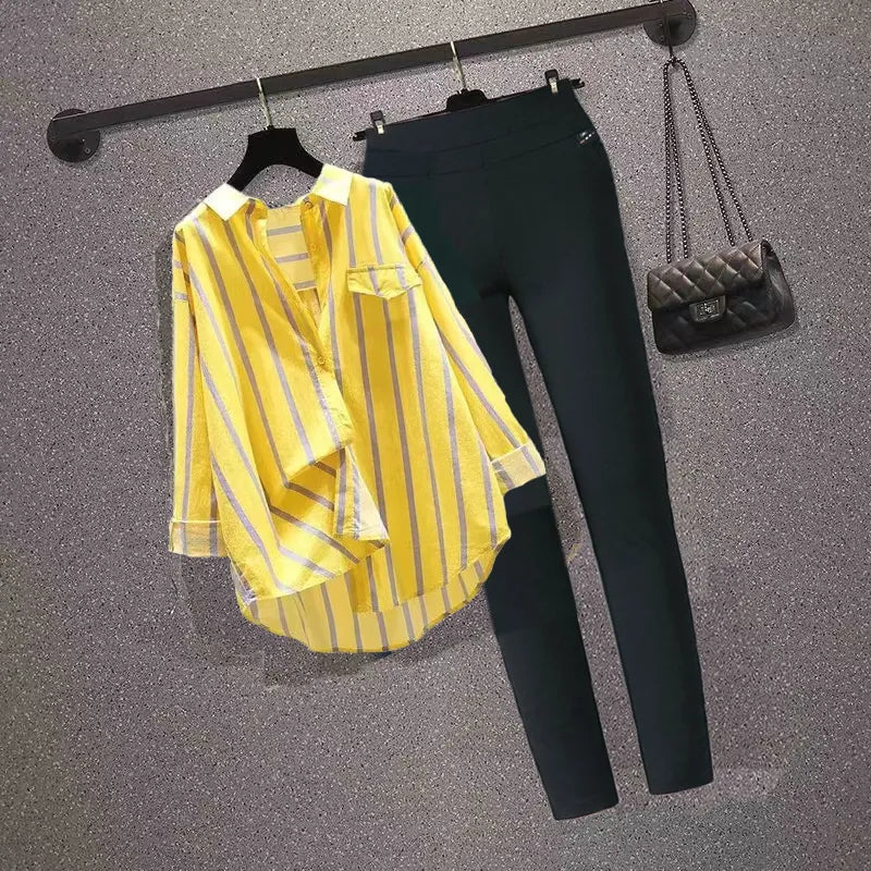 Two Piece Sets Striped Vintage Blouse Long Sleeve Shirts Suit Autumn Female Clothes Casual Pencil Pants Suit Women Clothing Sets-Yellow