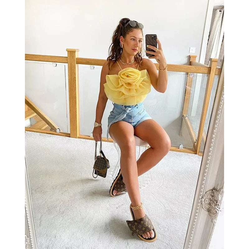 2023 Trendy Flower Camisole Tops Women Vest Sexy Party Club Big Flower Patchwork Camis Tops