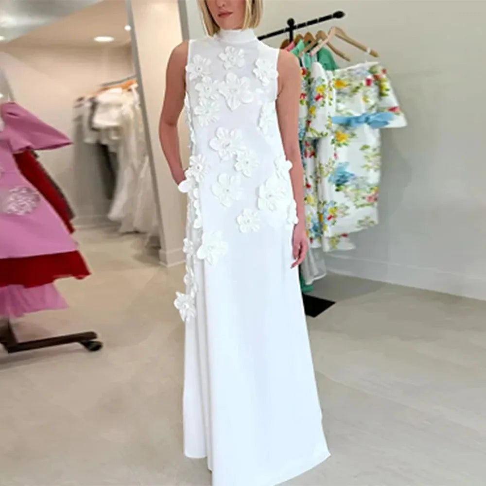 Patchwork Lace Up A Line Dress For Women Stand Collar Sleeveless High Waist Spliced Appliques Slim Dresses Female WHITE