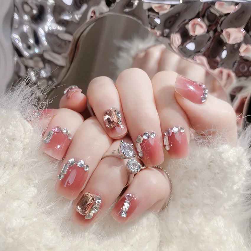 24pcs Heavy Metal Red Crystal Design False Nails 3D Gold Bow Pearl Decor Bride Fake Nail tips Full Cover Diamond Press on nails 5