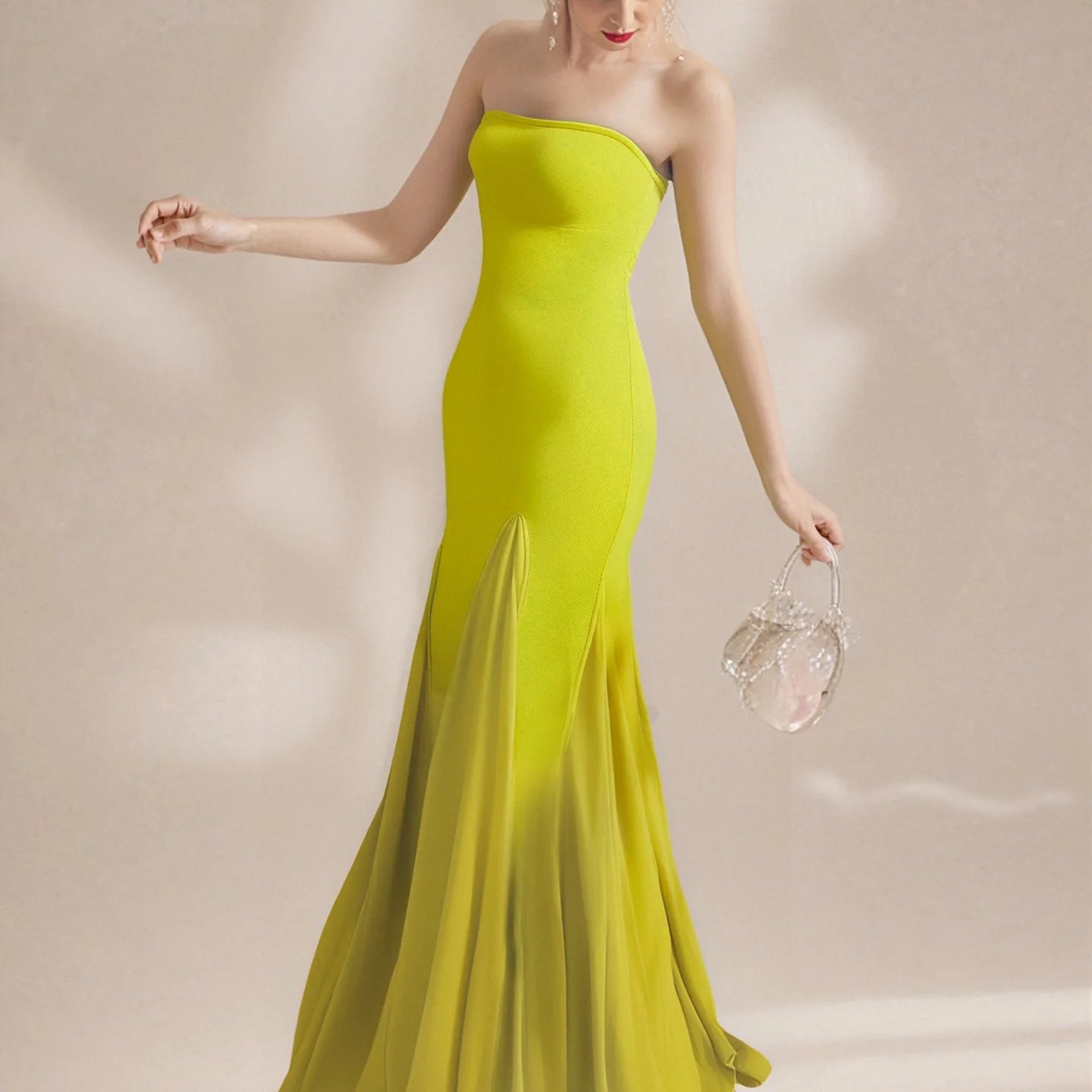 Yellow Color Women Sexy Strapless Bodycon Long Maxi Bandage Dress Celebrate Birthday Vacation Graduation Season Outfit