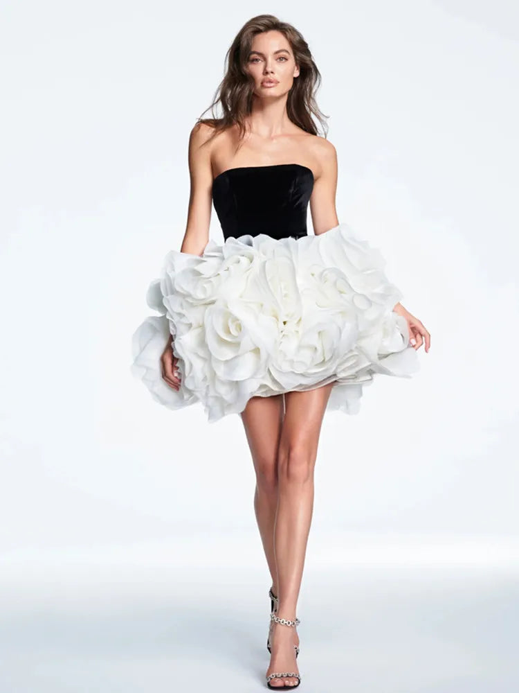 Women Summer Celebrity Sexy Strapless Ruffles Patchwork Ball Mini Gowns Dress 2025 Elegant Evening Party Club Vestido black