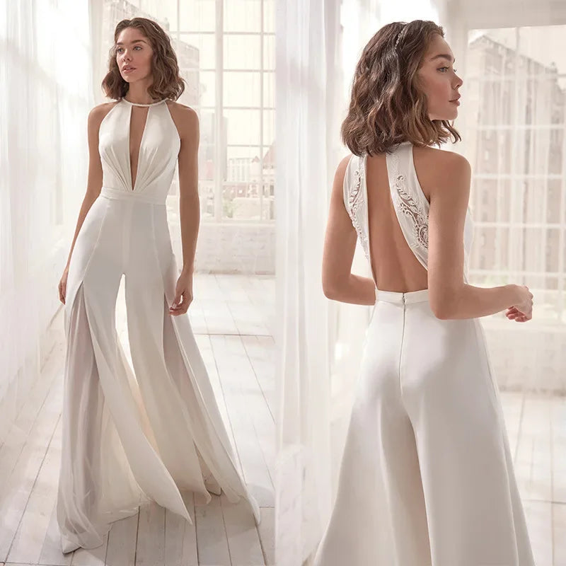 Sexy Deep V-neck Jumpsuit Wedding Pant Suits For Brides Wedding Jumpsuits Women Elegant Formal Dress