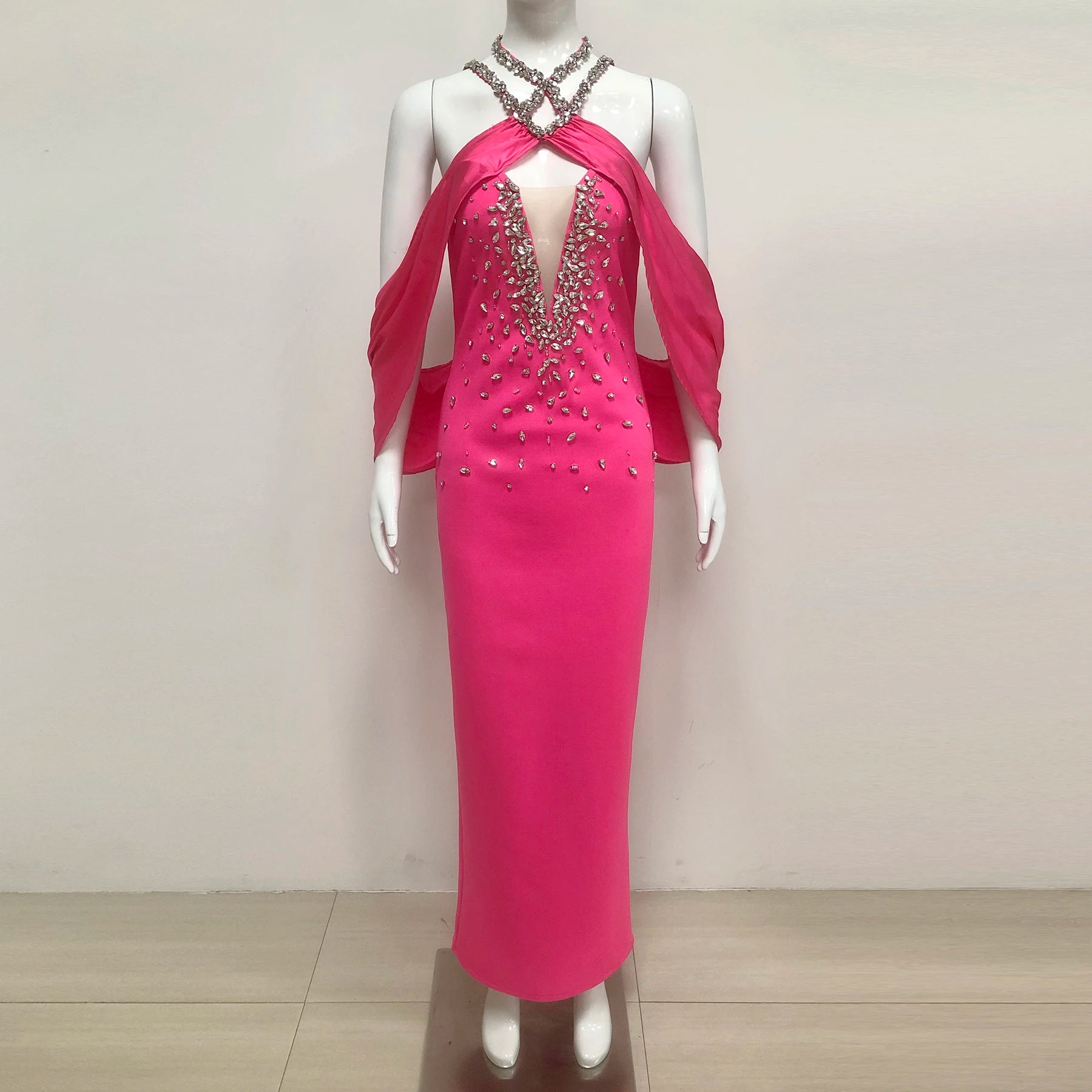 Eye-Catching Off-Shoulder V-Neck Hot Pink & Black Dress with Crystal Party Evening Gown Pink