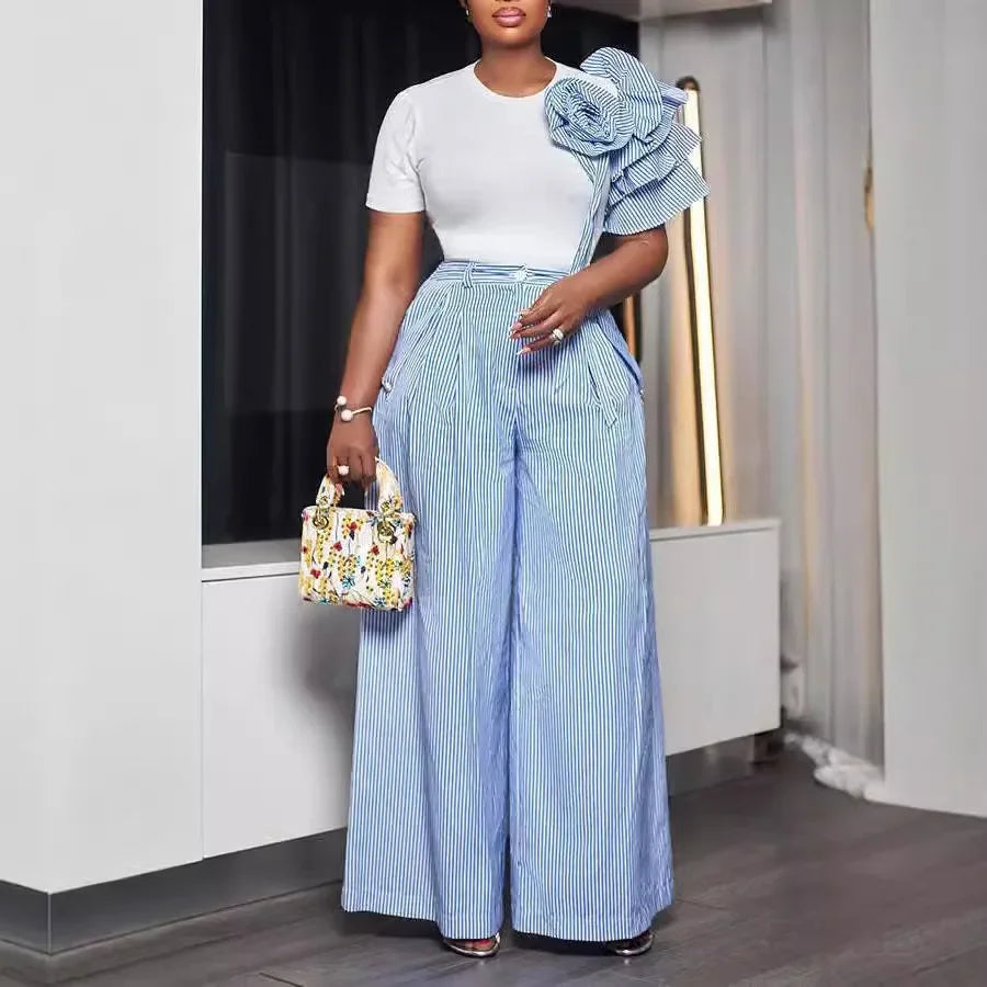 Street Women's Set Short Sleeve T-shirt and Striped Floral Splicing Romper Wide Leg Pants Elegant Two 2-Piece Set Outfit Blue