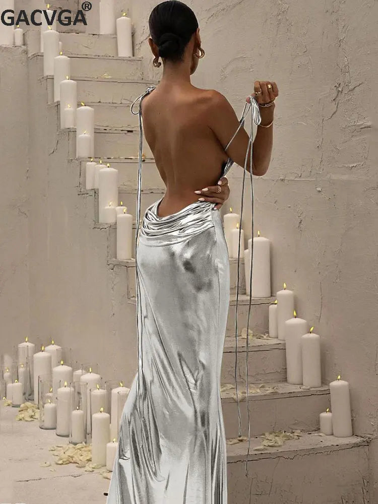 GACVGA Spring Summer Sexy Bandage Maxi Dresses Streetweaar Women Silver Shiny Pleated Bodycon Backless Party Long Dresses
