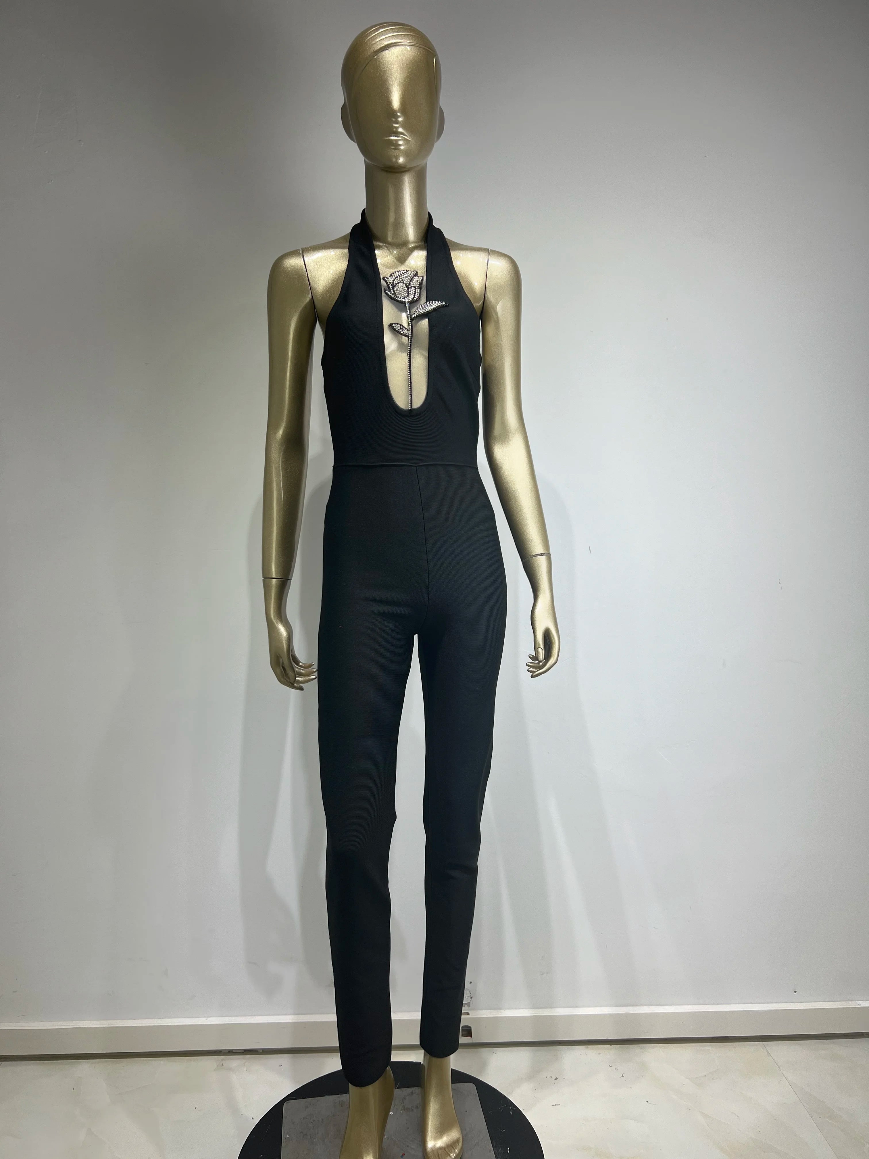 Women Luxury Sexy Sleeveless Mesh Diamonds Flower Black Bodycon Bandage Jumpsuit 2024 Celebrity Designer High Street Rompers