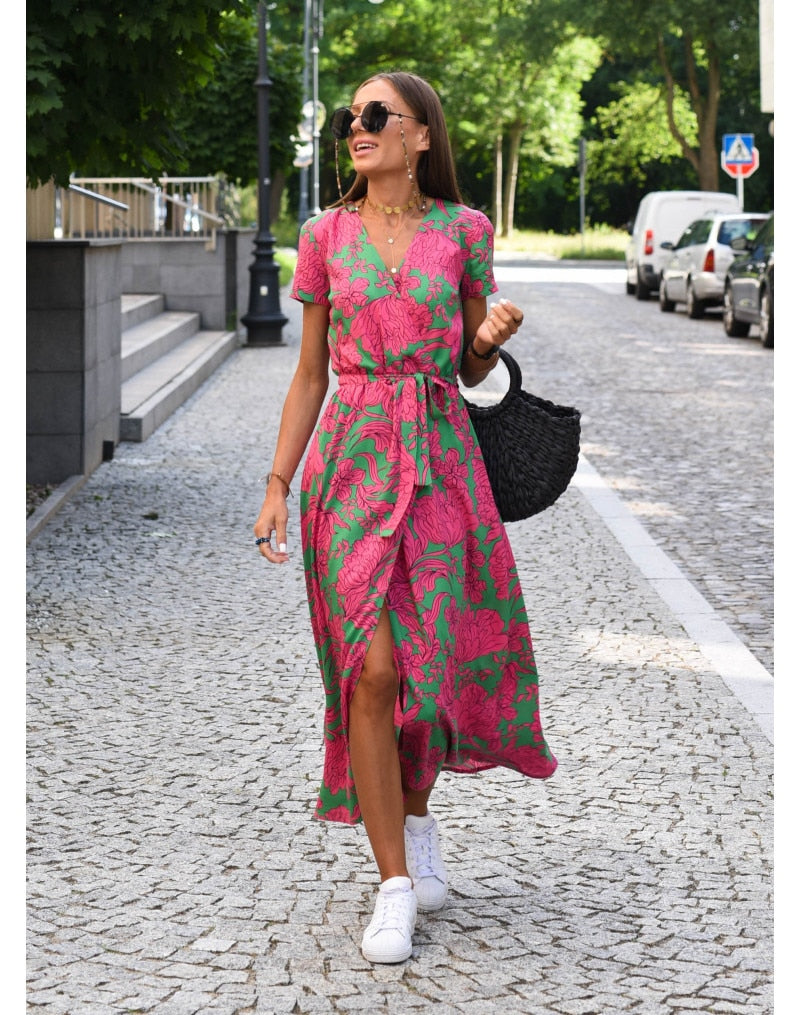 Women Casual Floral Print Dress Summer Elegant V-neck Short Sleeve Waist Lace Up Maxi Dresses Female Holiday Split Long Dress Pink