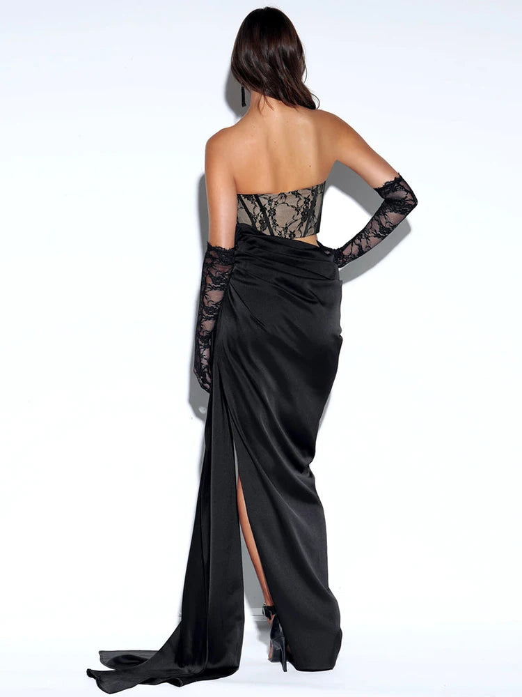 Cocktail Party Dress Women Sexy High Split Evening Clubwear Strapless Lace Patchwork Satin Long Dress Vestidos