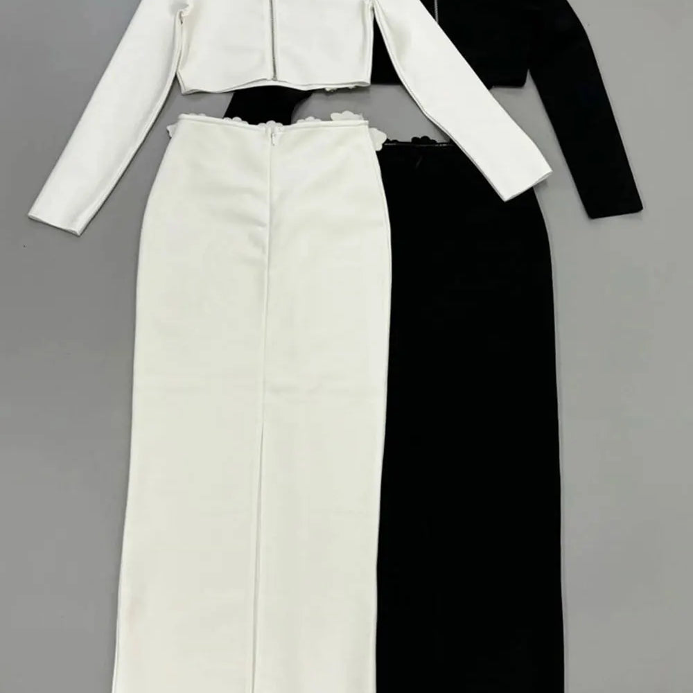 2024 Sexy Women's Bandage Skirt Set Stand up Collar Long Sleeve Nail Bead Water Diamond Short Top+Long Dress Two Piece Set