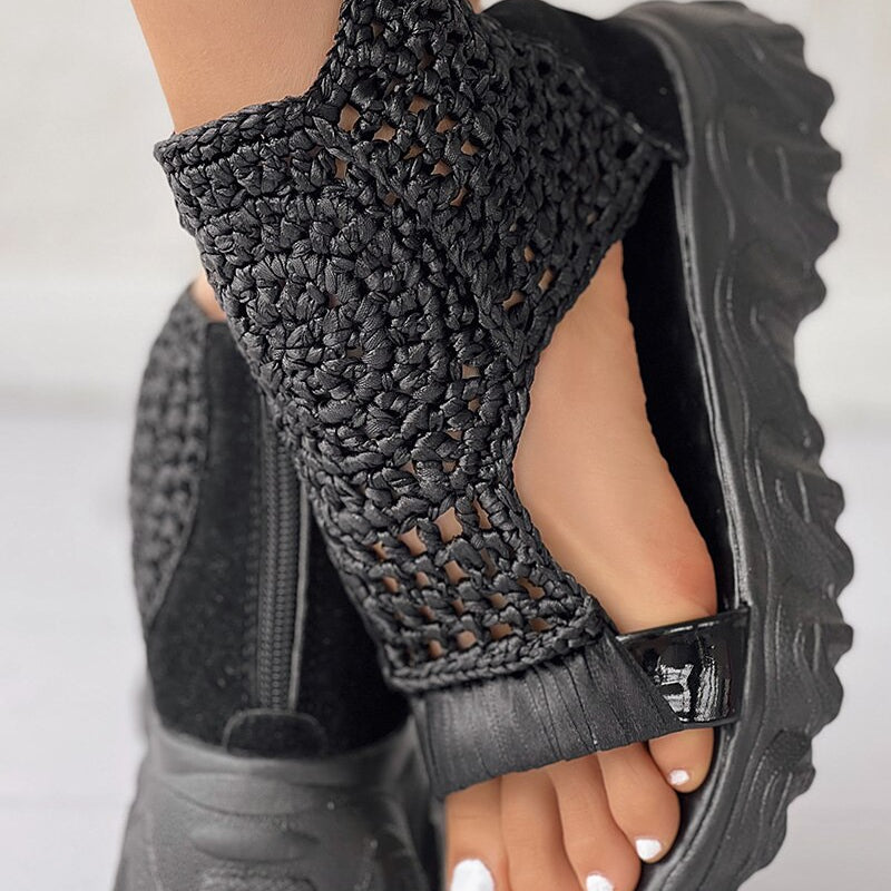 Sandals Women Braided Geometric Wedge Sandals Knitted Elastic Summer Shoes Mesh Flat Sandals Hollow Female Platform Shoes