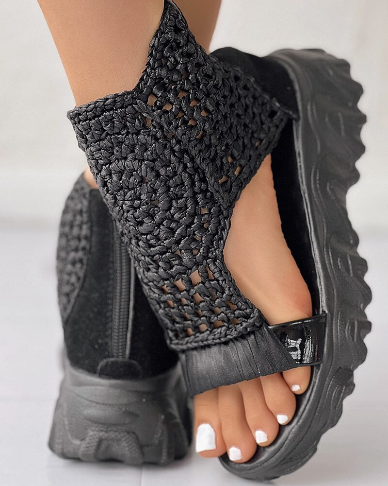 Sandals Women Braided Geometric Wedge Sandals Knitted Elastic Summer Shoes Mesh Flat Sandals Hollow Female Platform Shoes