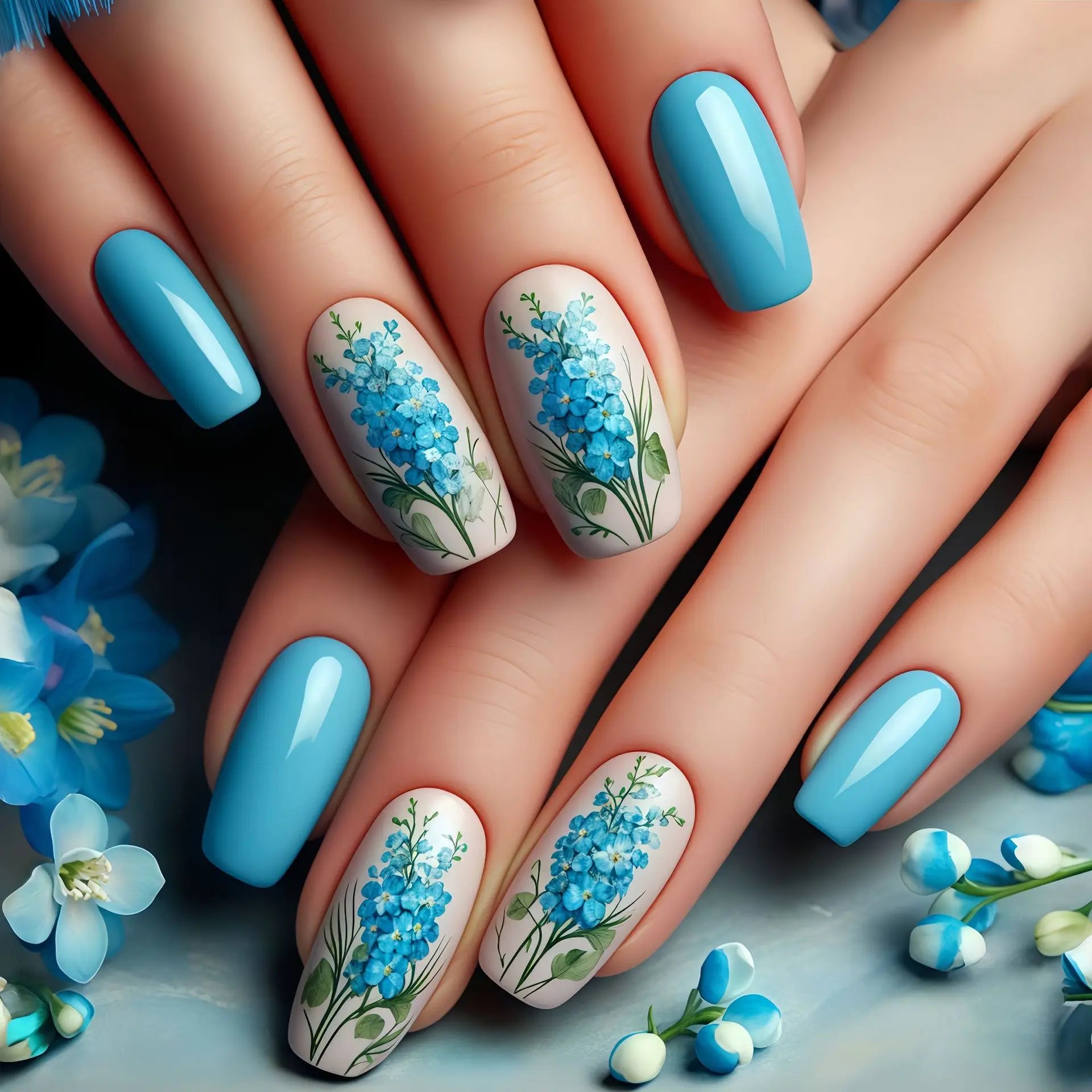 24Pcs Fake Nails Mid-length Ballet Press on False Nails with Blue Flowers Design Fashion Nails Set Detachable Nail Spring/Summer 2