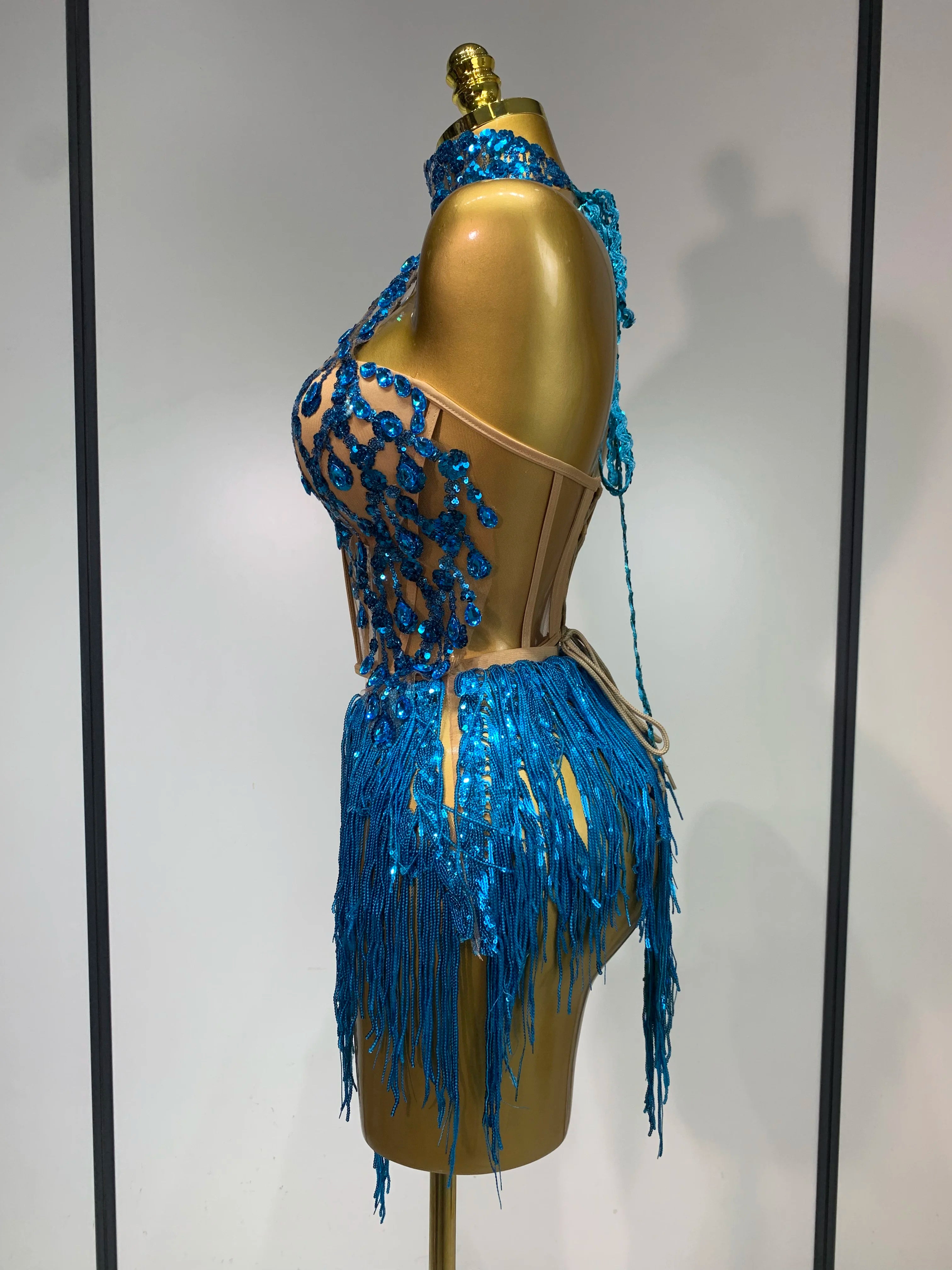 Women Sexy Shinning Rhinestone Tassels Two Pieces Set Nightclub Evening Party Birthday Bar Dancer Performance Stage Costume