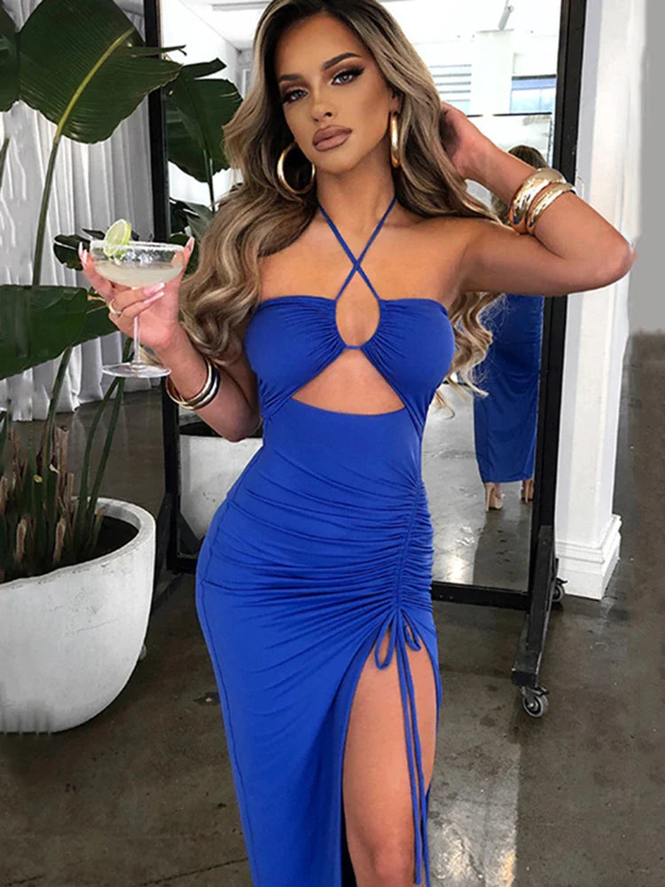 Summer Sexy Halter Backless Sleeveless Cut Out Maxi Dress for Women Ruched Elegant Club Party Slit Dresses Bandage Vestido 2023 blue