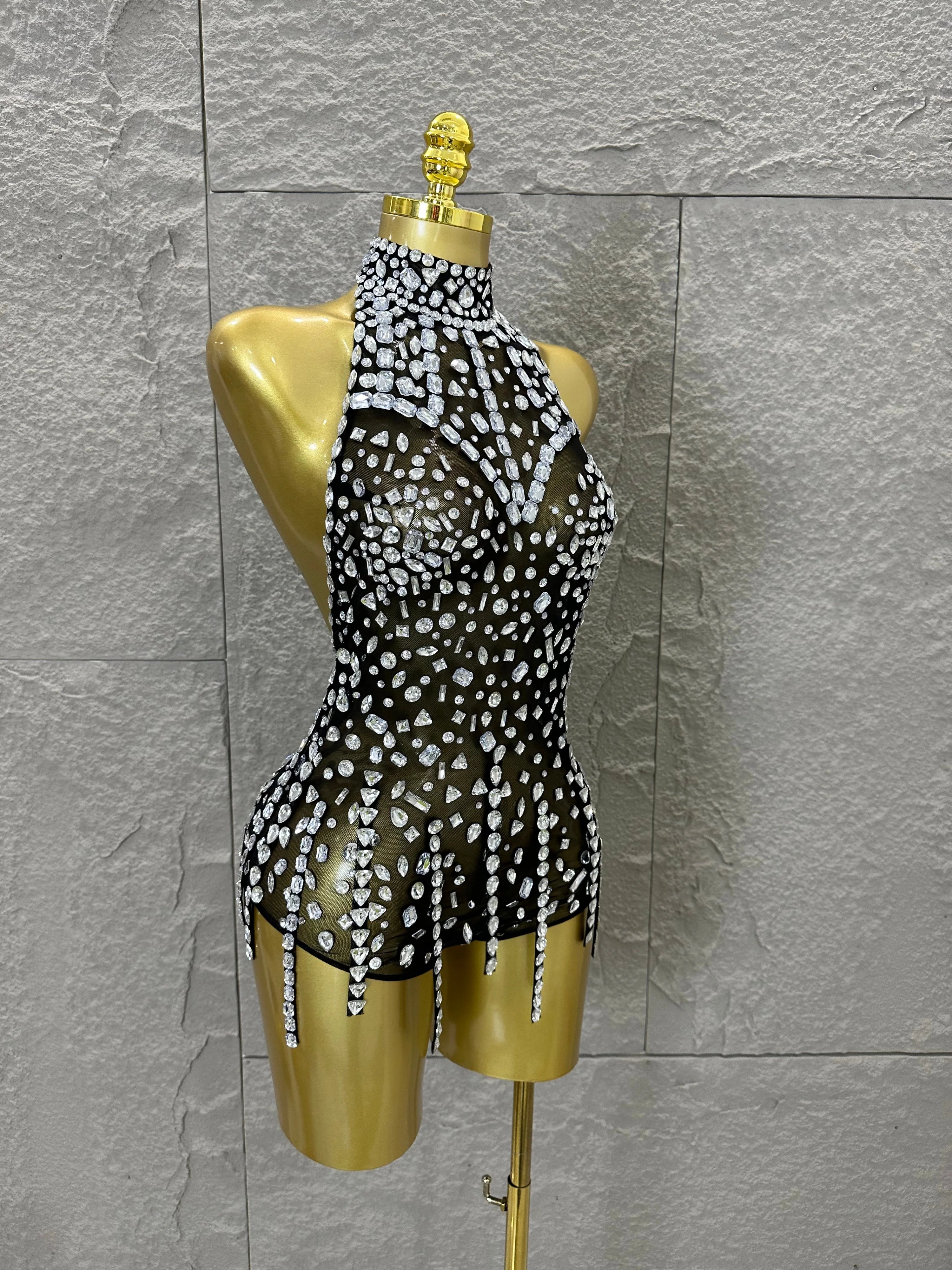 Pink Nude Sleeveless Bodysuit Women Sheer Mesh Crystal Rhinestone Embellished Formal Event Performance Costume