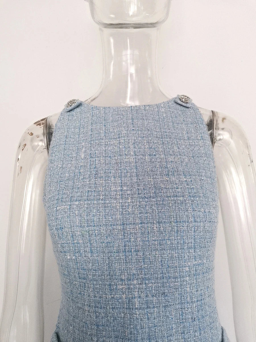 Solid Slimming Spliced Button Dresses for Women Round Neck Sleevless Temperament Mini Dress Female Fashion Clothing