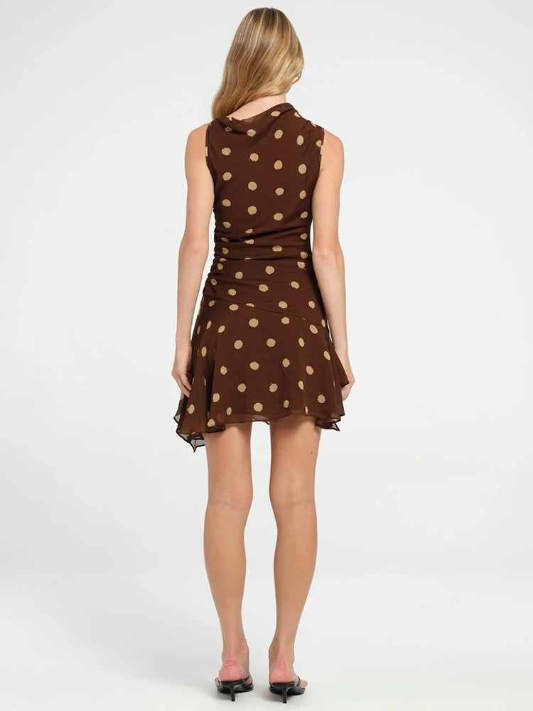 Sleeveless Polka Dot Dress For Woman Fashion Brown Print Mesh O Neck Ruched Mini Dress Elegant Irregular Dresses