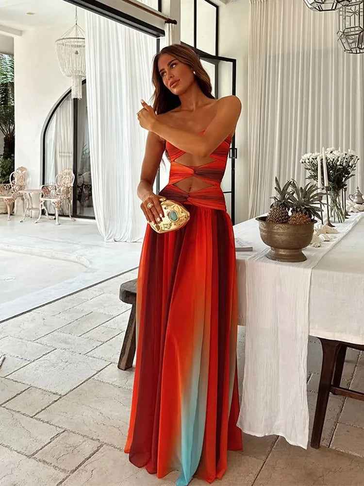 Tie-dye Gradient Hollow Out Women's Maxi Dress Elegant Off Shoulder A-line Hem Long Dresses New Summer 2025 Holiday Female Robes Beige