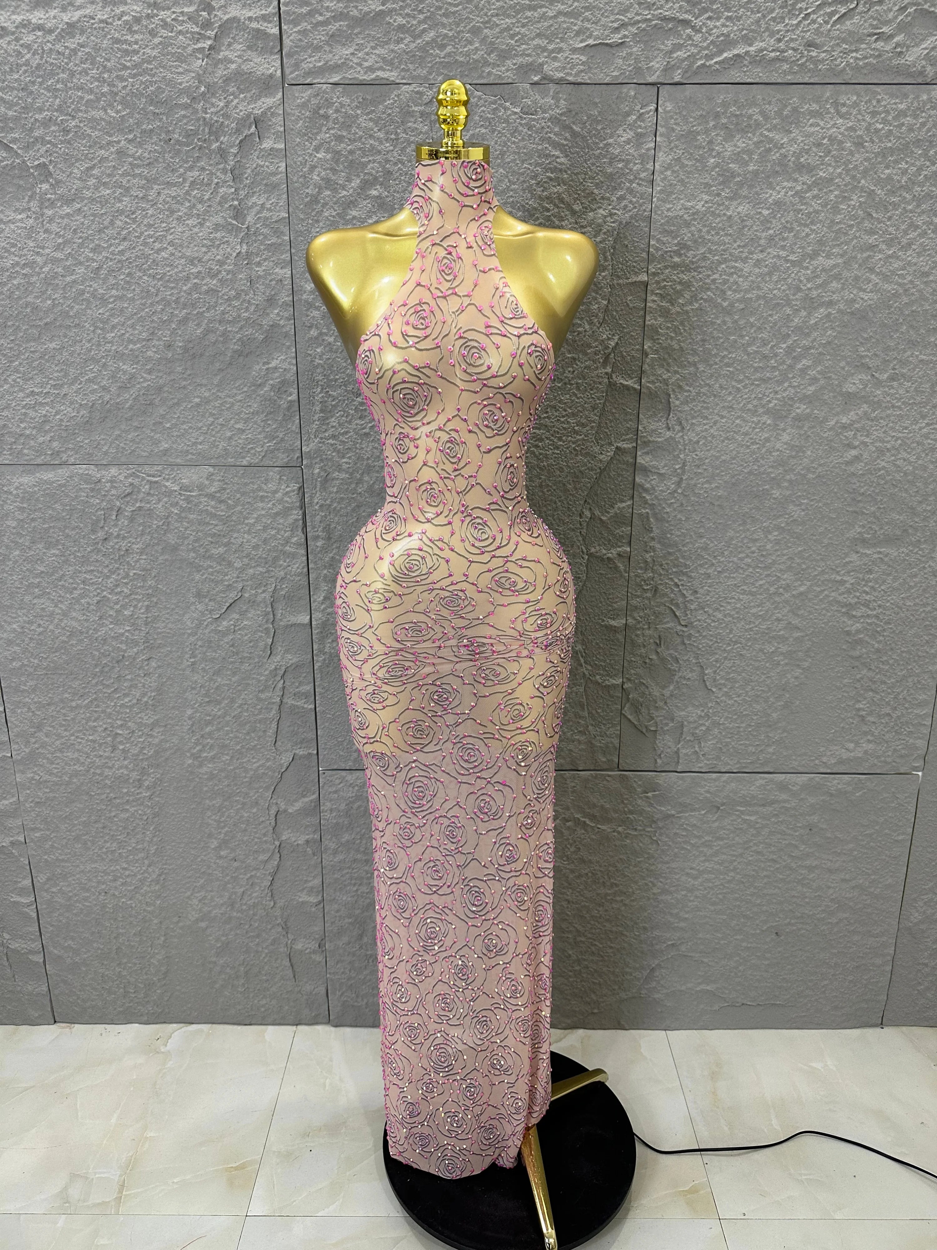 Sexy Glamorous Nude Halter Neck Maxi Dress Sheer Mesh 3D Rose Beaded Embellished Bodycon Nightclub Party Outfit Pink